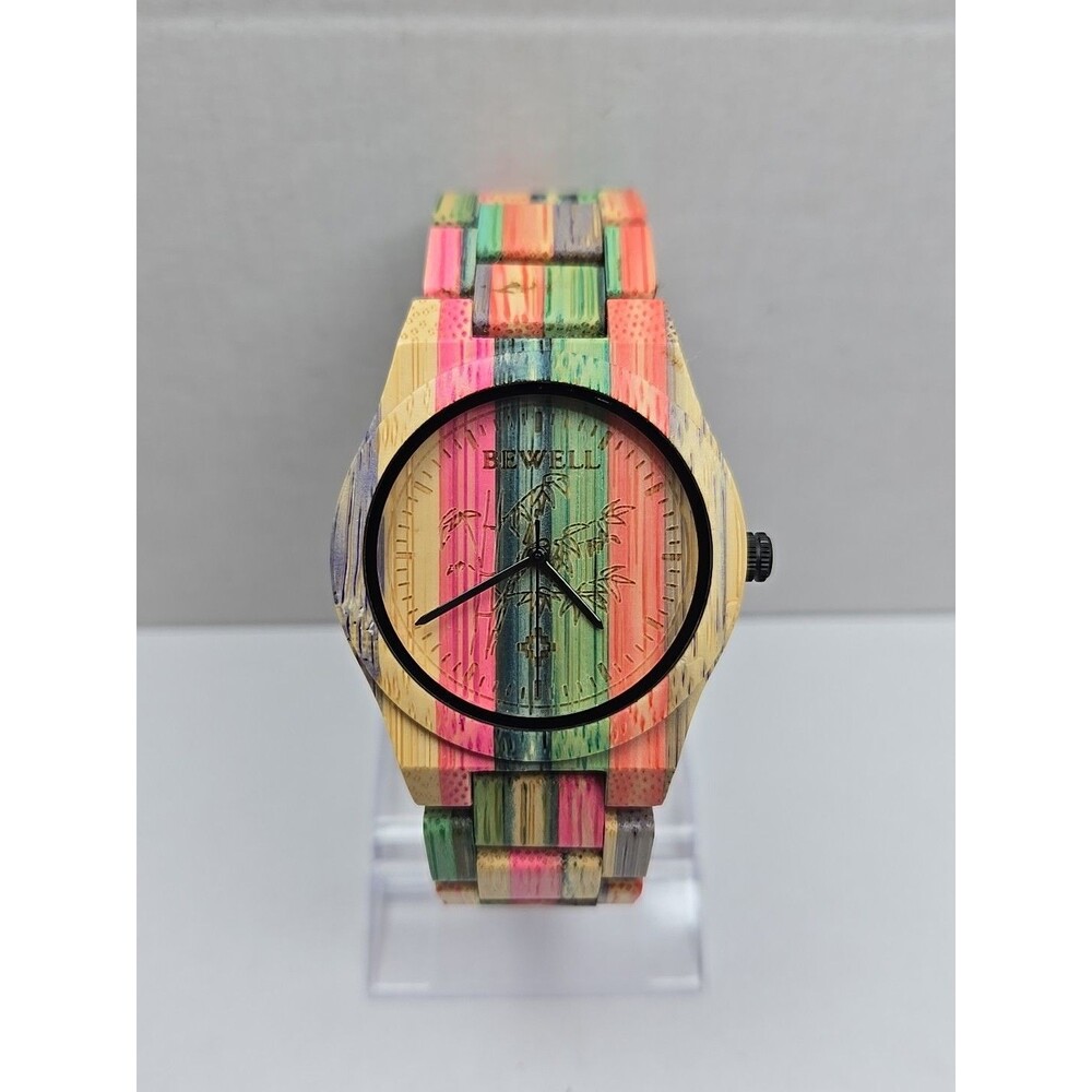 Bewell Colorful Bamboo Wood Watch Quartz Analog 40mm Floral Unisex New Battery